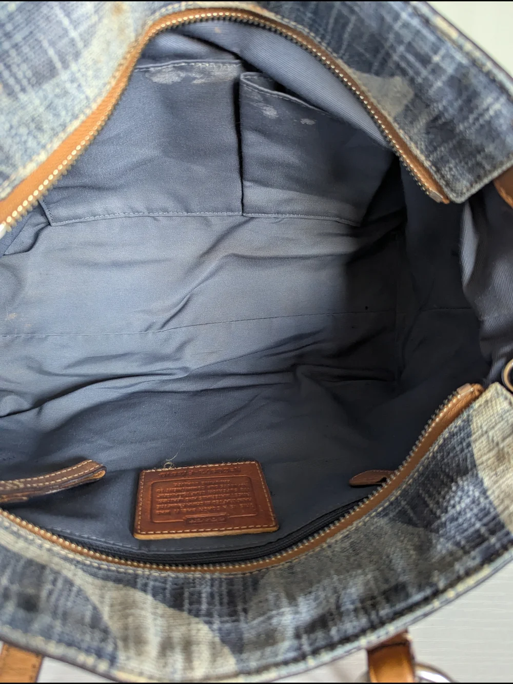 Coach Blue Pattern Logo Tote with Brown Trim